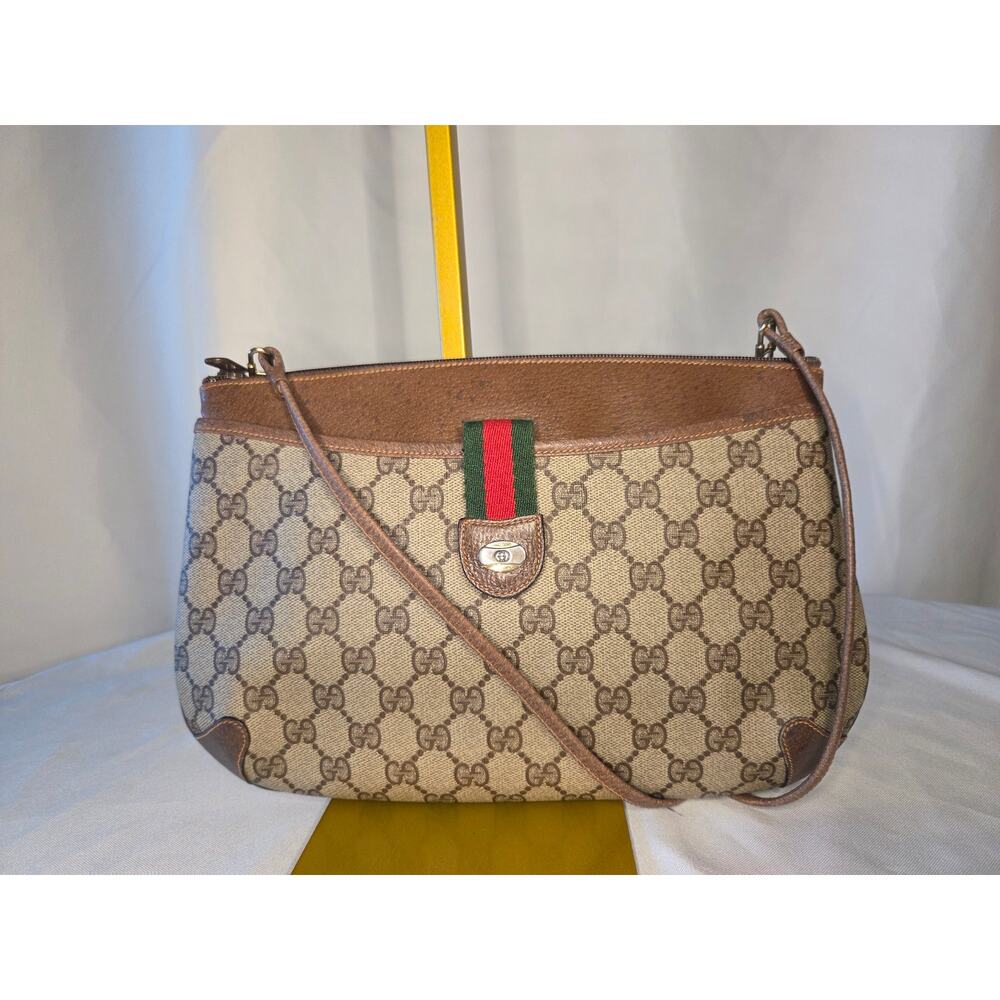 Gucci GG Supreme Canvas Crossbody Bag Beige Brown Web Stripe Ophidia Vintage